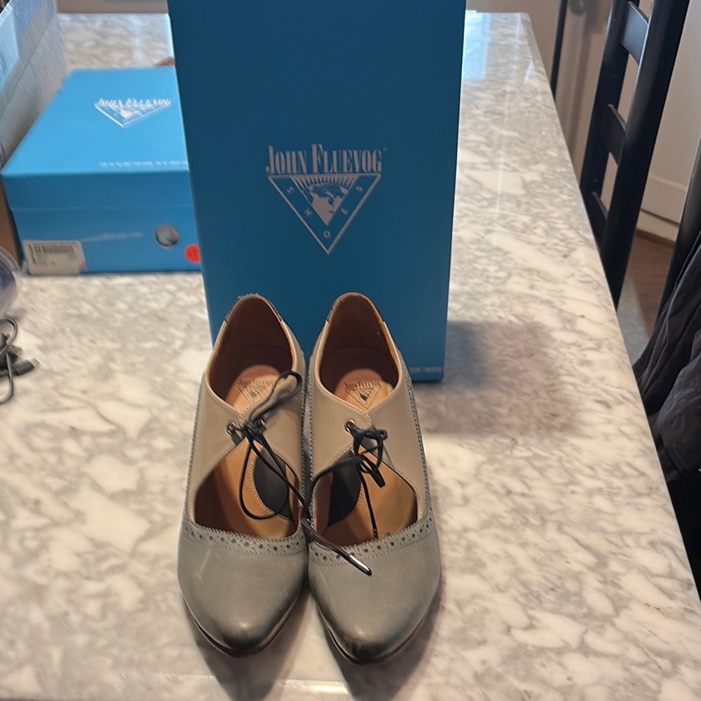 John Fluevog Green and Cream Heels